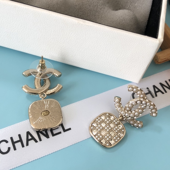 Earrings Women's Pearl Colorless Square Diamond - Picture 2 of 5